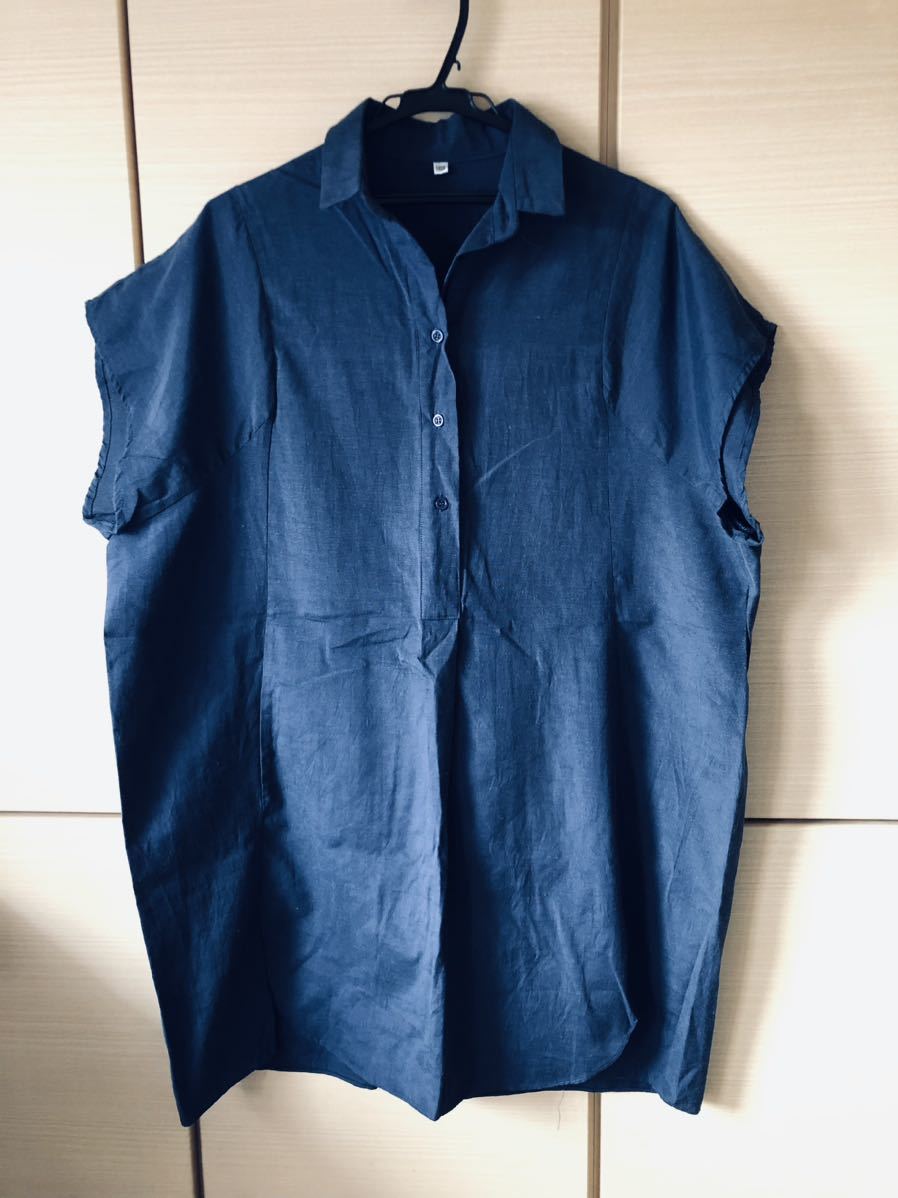 * new goods not yet have on tops cut and sewn tunic shirt shirt One-piece navy easy free size *