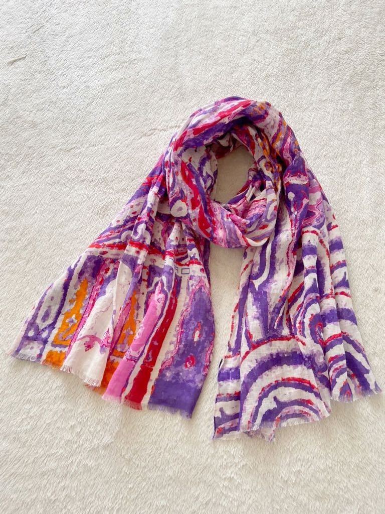 ETRO Italy made large size linen stole scarf muffler Etro peiz Lee pattern white pink purple 