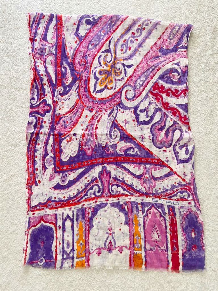 ETRO Italy made large size linen stole scarf muffler Etro peiz Lee pattern white pink purple 