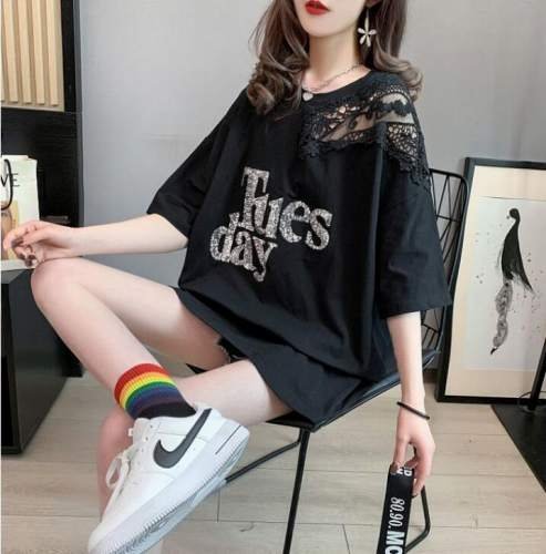 韓国風 レディース 半袖Tシャツ 夏新しい 気質 ファッションTシャツ ブラック M