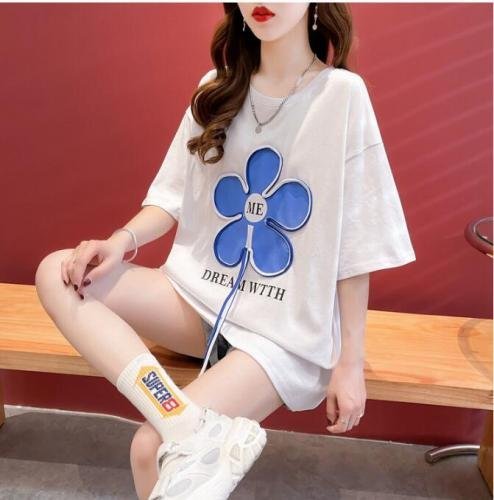 半袖Tシャツ ロング丈 花柄 韓国ファッション レディース ピンク XL