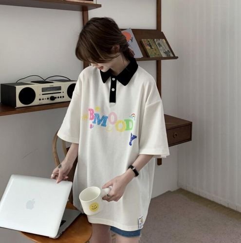 韓国風 レディース 半袖Tシャツ 新しい夏 気質 ファッションTシャツ 学生ポロシャツ ホワイト L