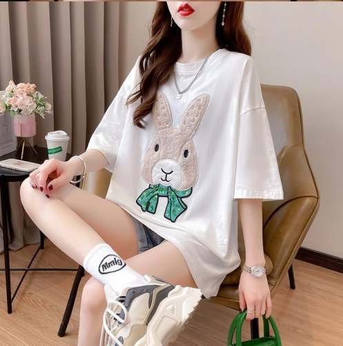 韓国風 女夏新しい 大きいサイズ半袖Tシャツ 気質ファッションTシャツ 学生Tシャツ ワンカラー M