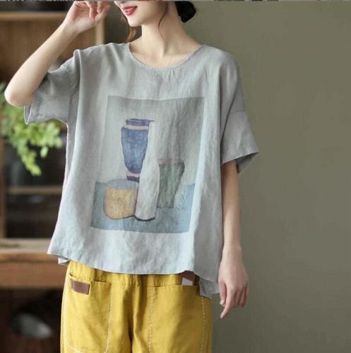 韓国風 レディース 半袖Tシャツ 夏新しい 気質 ファッションTシャツ Tシャツ 麻の色 3XL