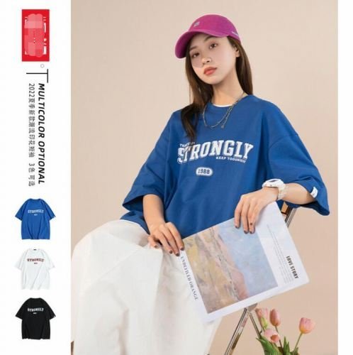 韓国風 レディース 半袖Tシャツ 新しい夏 カジュアル ファッション半袖Tシャツ ブルー S