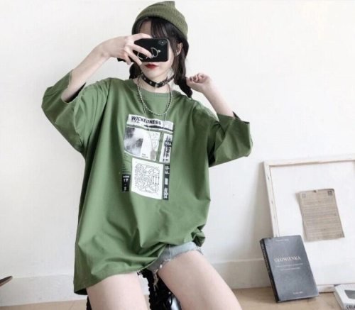 韓国風 女夏新しい 大きいサイズ半袖Tシャツ 気質ファッションTシャツ 学生Tシャツ M-2XL グリーン 2XL