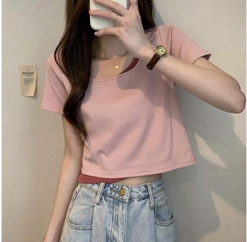 韓国風 レディース 半袖Tシャツ カジュアル Tシャツトップス ブラウス ピンク M