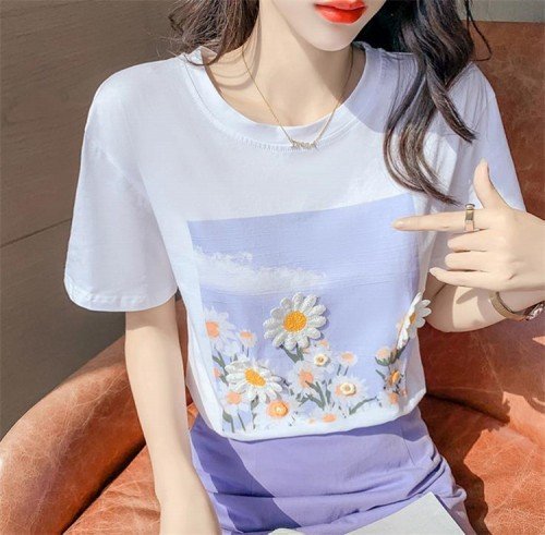 半袖 Tシャツ 花柄 ししゅう 綿 新品 カジュアル かわいい系 パープル XL