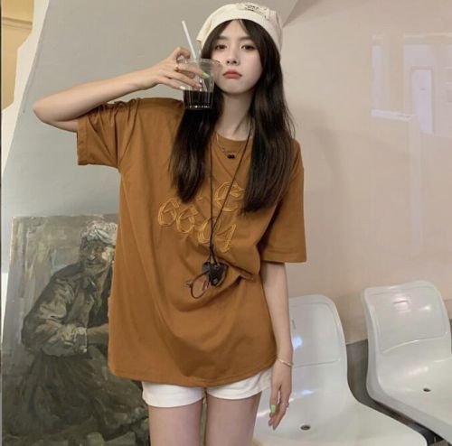 韓国風 レディース 半袖Tシャツ 新しい夏 気質 ファッションTシャツ 学生ポロシャツ アプリコット L