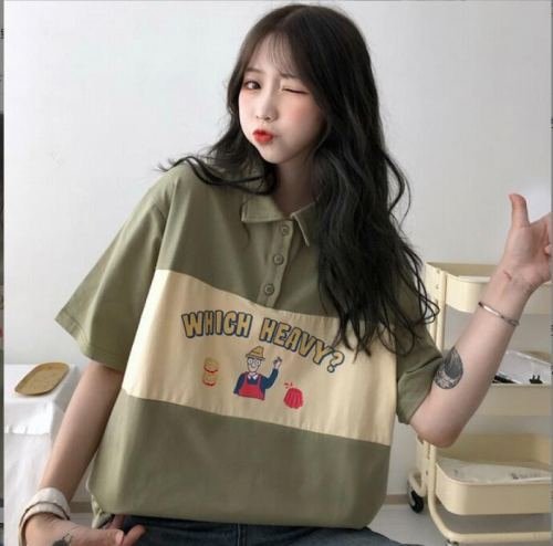 韓国風 レディース 半袖Tシャツ 新しい夏 気質 ファッションTシャツ 学生ポロシャツ グリーン M