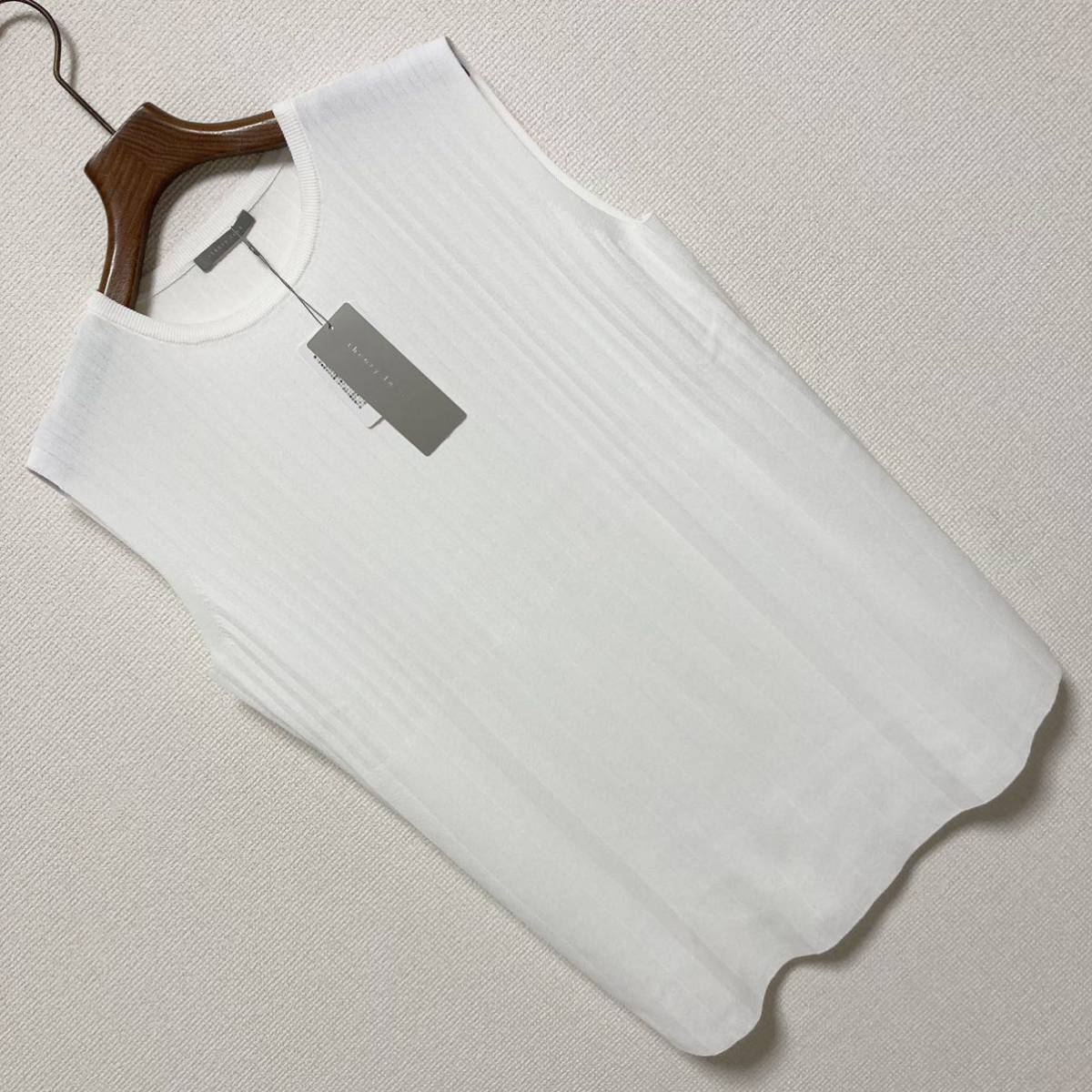 新品未 22ss■theory luxe■ミックスリブ プリーツ ノースリニット 38 M 白 ホワイト プルオーバー ウォッシャブル Chiaro Cosa 定26,400円