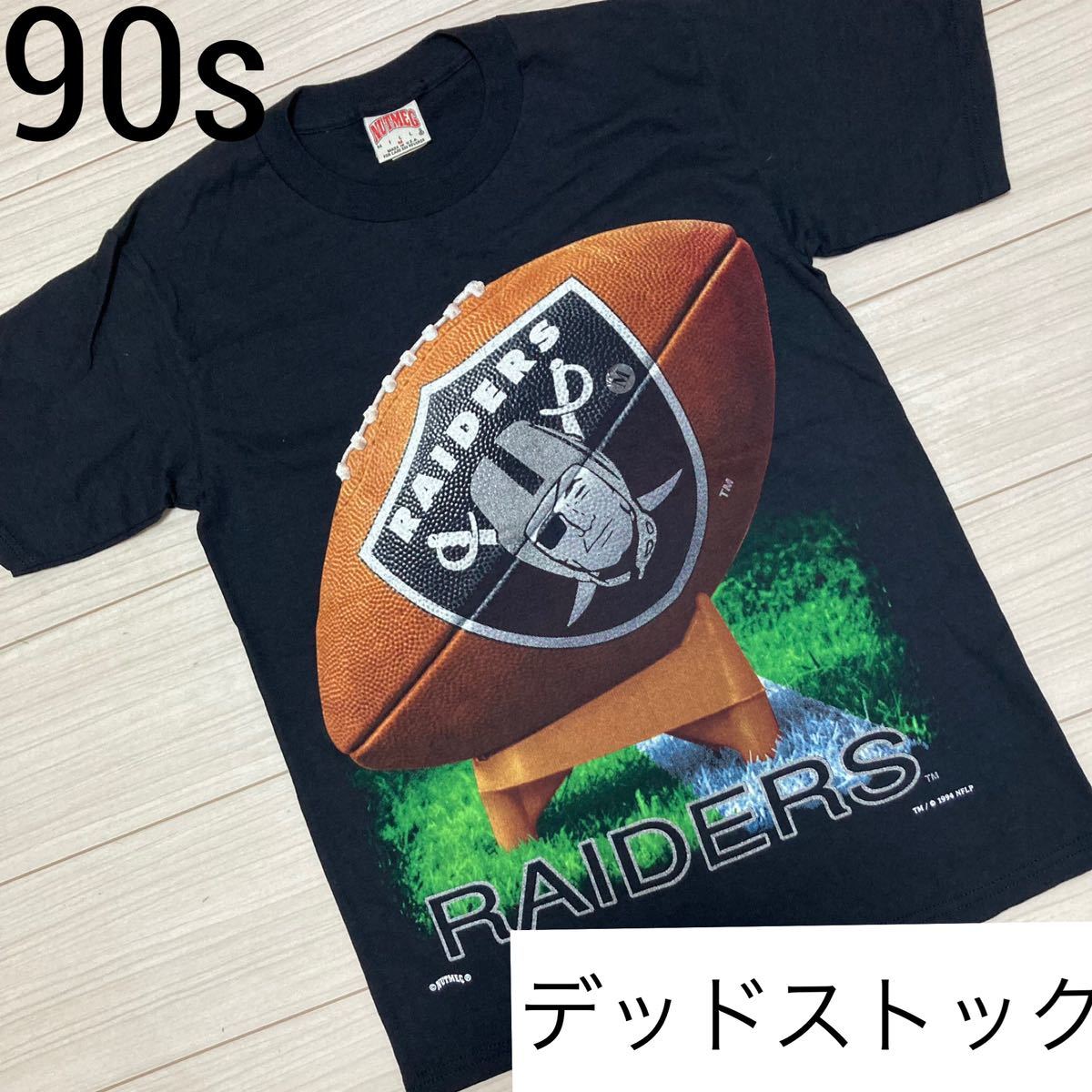 デッドストック 90s USA製■NUTMEG■RAIDERS NFL Tシャツ M 黒 ブラック オークランド レイダース コピーライト アメフト 公式 Vintage