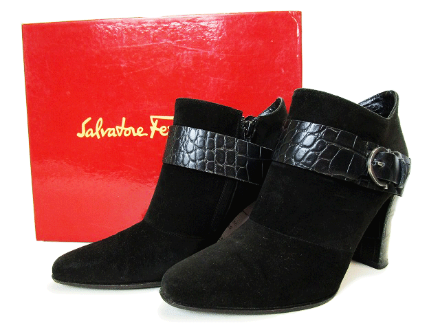 (D) Salvatore Ferragamo フェラガモ ガンチーニ スエード ブーツ 6.5 ブラック レザー シューズ