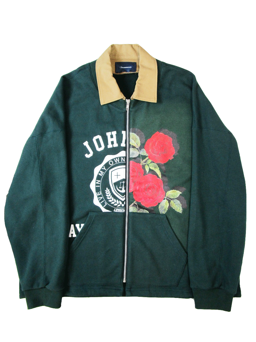 (D) John UNDERCOVER ジョンアンダーカバー 19SS 衿付プリント裏毛BIGジップスウェットブルゾン 3 グリーン_画像1