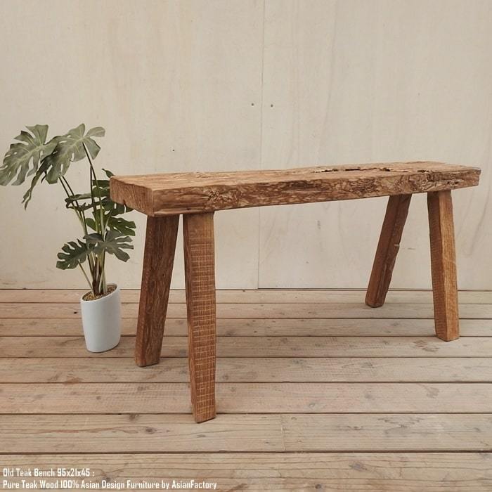 一点物 オールドチーク無垢材 スツール 95cm 木製 ベンチ 総無垢材 一枚板 長椅子 木製いす 天然木 椅子 飾り台