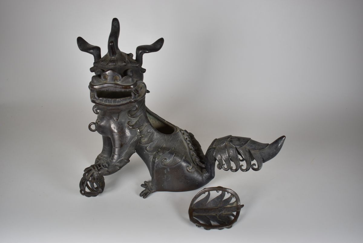唐物 明時代 古銅製 獅子香炉 高約24cm 香道具