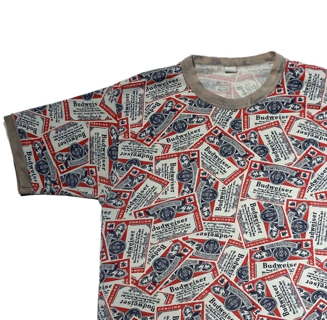 希少 70s ビンテージ Budweiser Beer 総柄 プリント リンガーTシャツ Sportswear ボディ バドワイザー ビール スポーツウェア 1970年代