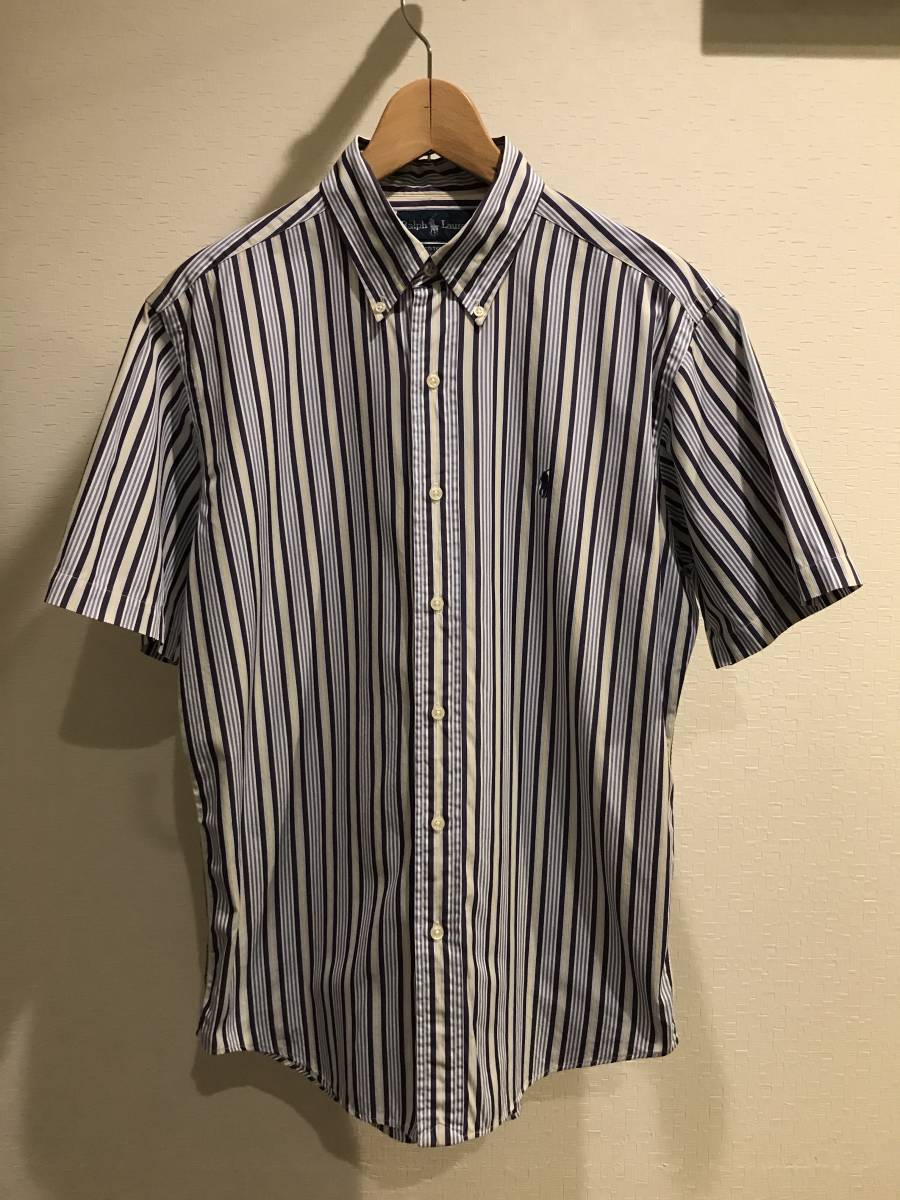 美品POLO RALPH LAUREN ラルフローレン　ボタンダウンシャツ　ブルー系ストライプ　古着　used Lサイズ　CUSTOM FIT