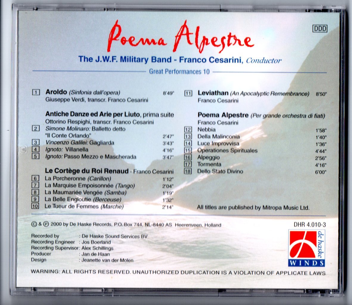送料無料 吹奏楽CD フランコ・チェザリーニ作品集:交響詩「アルプスの詩」 リュートのための古風な舞曲とアリア リヴァイアサン アロルド_画像2
