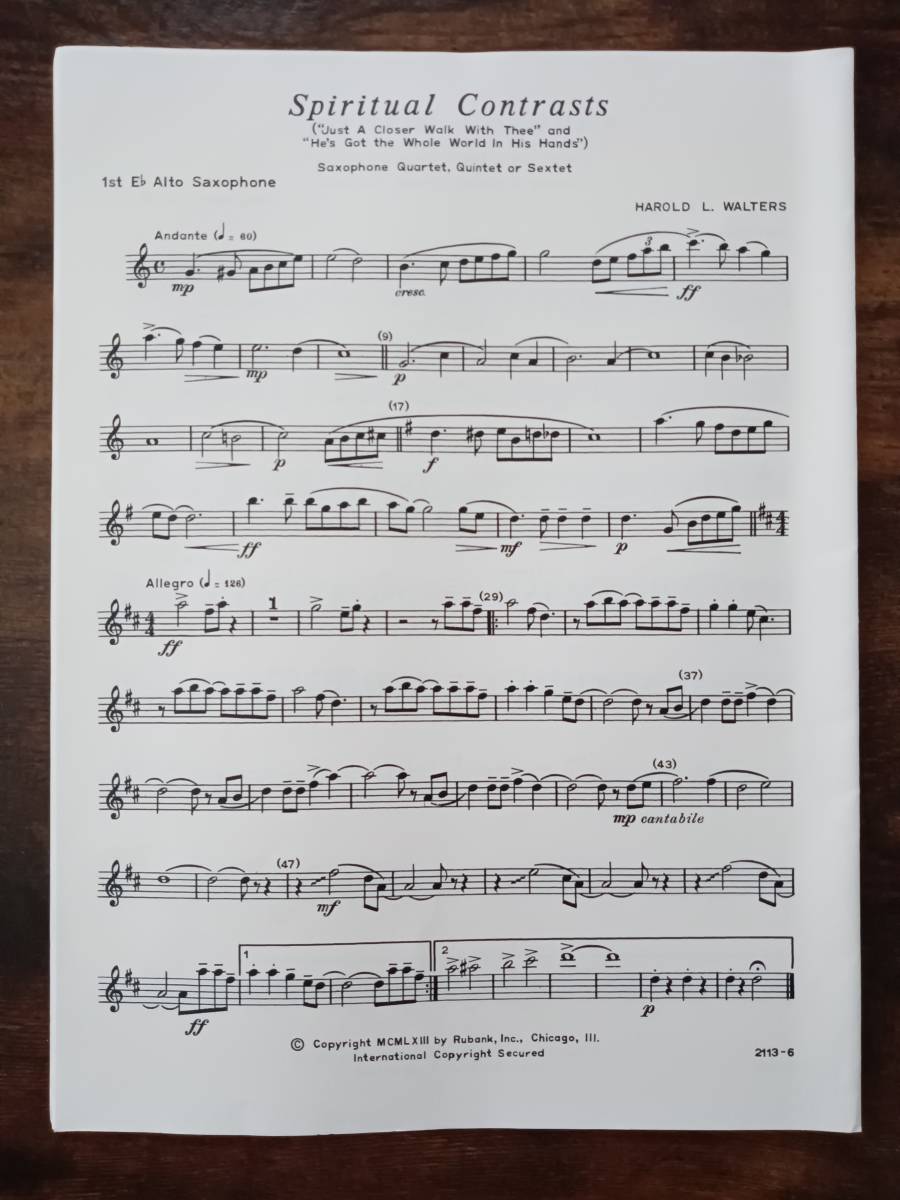 送料無料 サクソフォン4-6重奏楽譜 ハロルド・L・ウォルターズ：スピリチュアル・コントラスト 試聴可 スコア・パート譜セット サックス_画像4
