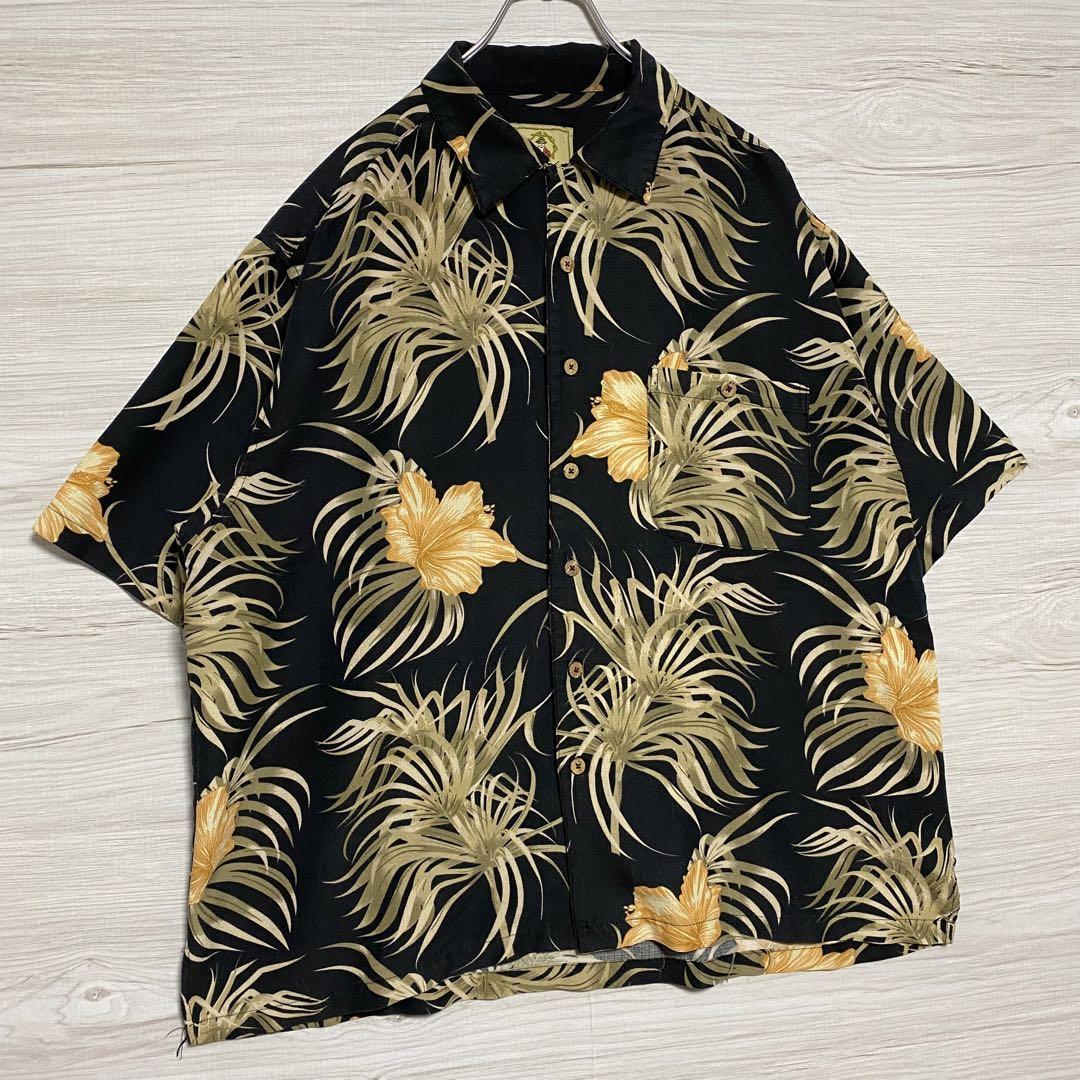 アロハシャツ　総柄シャツ　2XLサイズ　レーヨン　ポリエステル　ゆったり　花柄　ハワイアン　おしゃれ　一点物　海外　輸入　半袖シャツ