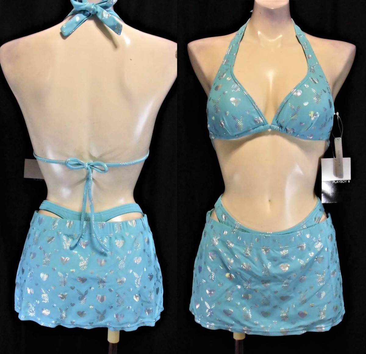 [ new goods unused ] bikini swimsuit [ pareo * skirt SET| T-back ] ( size :9M) PLAYBOY made Kirakira lustre silver metallic wire less / pad have 