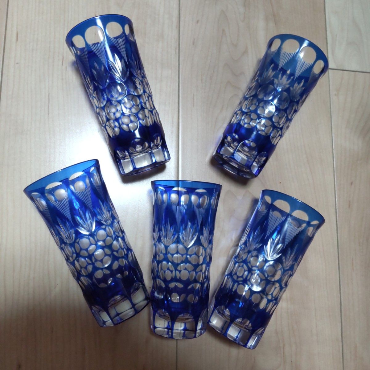 レアな切込み、江戸切子 藍被せ、グラス5客セット 江戸工芸品お値下げしました