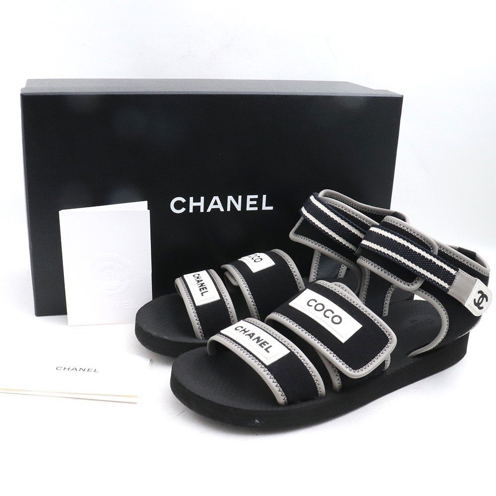 サイズ42 CHANEL ロゴテープデザイン ナイロン サンダル ブラック