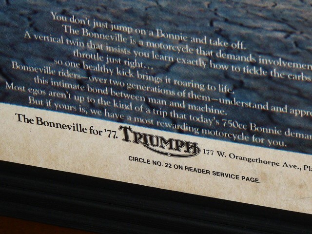 1977年 USA 洋書雑誌広告 額装品 Triumph Bonneville 750 トライアンフ ボンネビル (A4サイズ) / 検索用 店舗 看板 ディスプレイ サイン_画像4