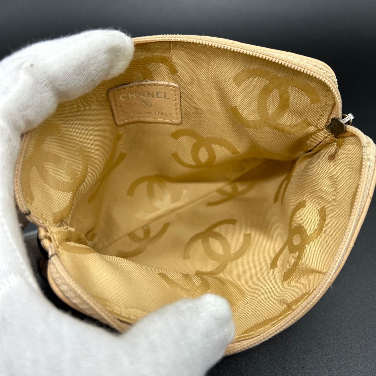CHANEL シャネル カンボンライン ポーチ レザー ベージュ ブラック