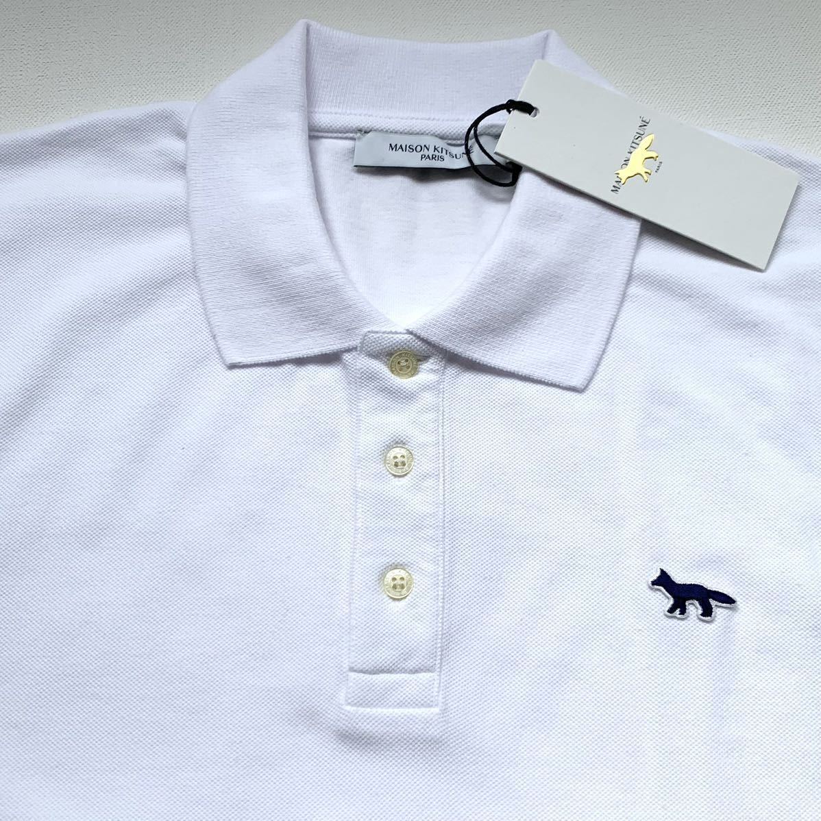 XL 新品 メゾンキツネ MAISON KITSUNE ネイビーフォックスパッチ コットンピケ クラシック ポロシャツ 白 メンズ 刺繍 半袖 送料無料の画像4