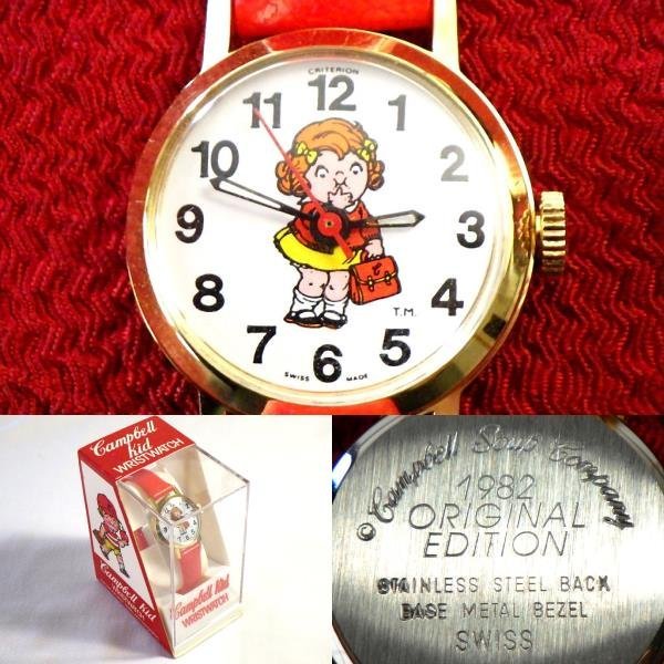 デッド未使用★1982年 キャンベルキッズ CRITERION社 スイス製 手巻腕時計 オリジナルボックス付 キャンベルスープ 広告キャラクター