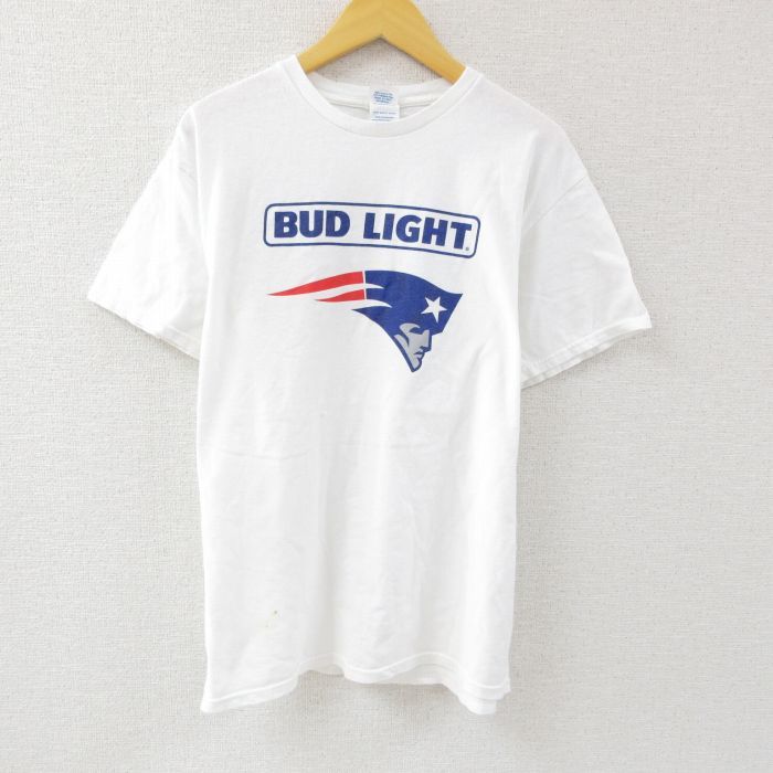 L/古着 半袖 Tシャツ メンズ NFL ニューイングランドペイトリオッツ バドライト ビール コットン クルーネック 白 ホワイト アメフト スー 