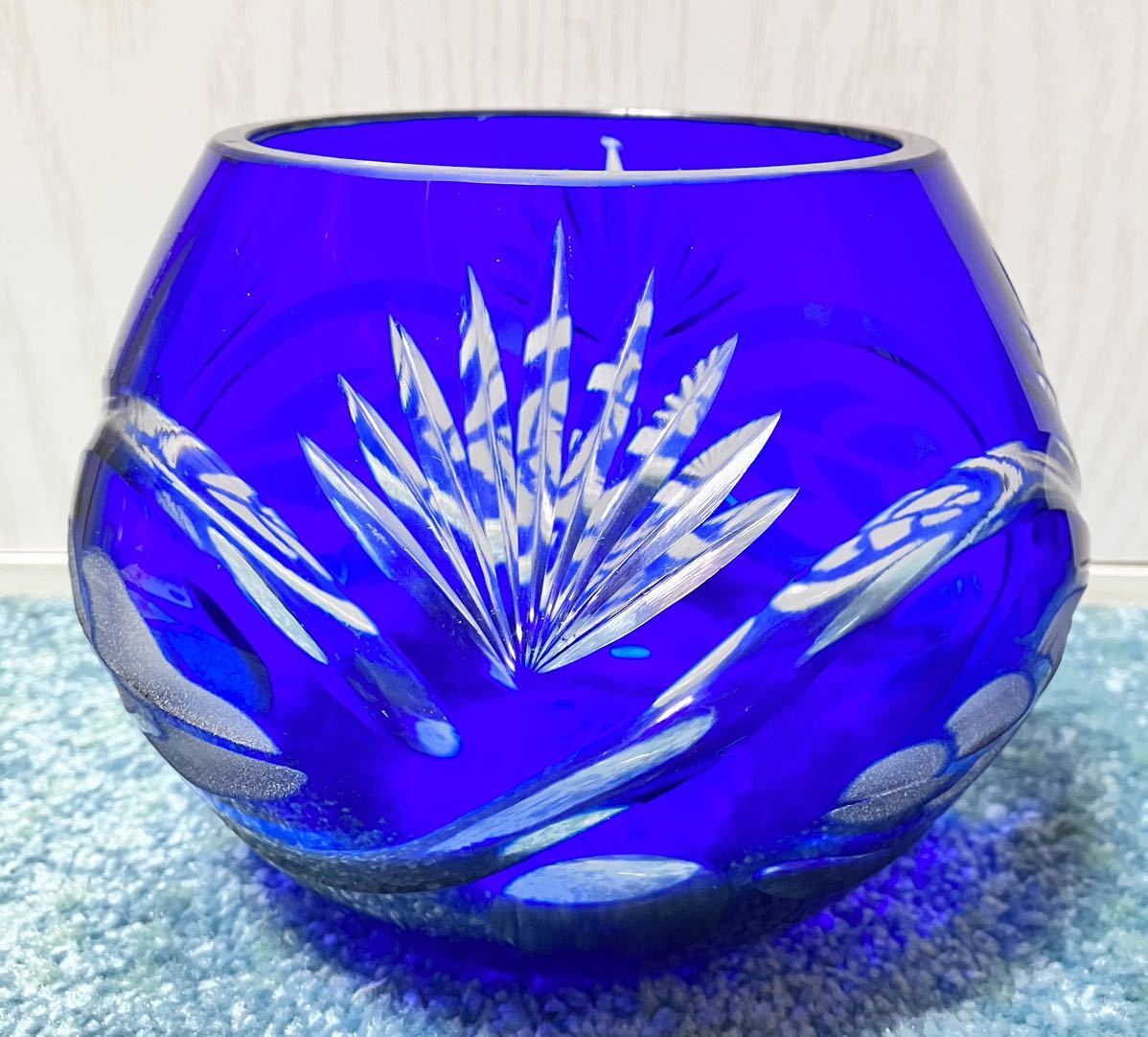 切子 花瓶 壺 花器 フラワーベース カットグラス 青 インテリア 硝子
