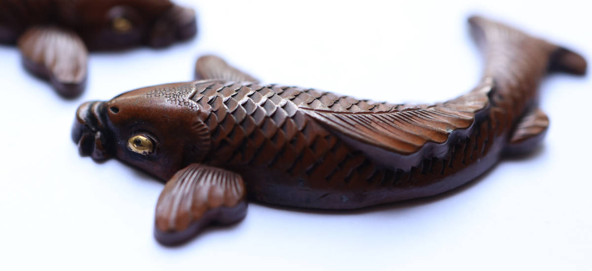 絶品！ 古美術 金工 彫金 素銅 江戸時代 目貫 一対 鯉 目抜き 金具 刀
