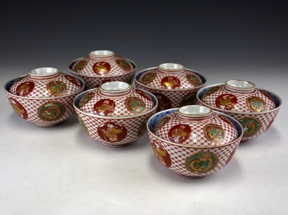 【蔵c9875a】大聖寺伊万里 赤絵丸紋蓋茶碗 六客 江戸時代