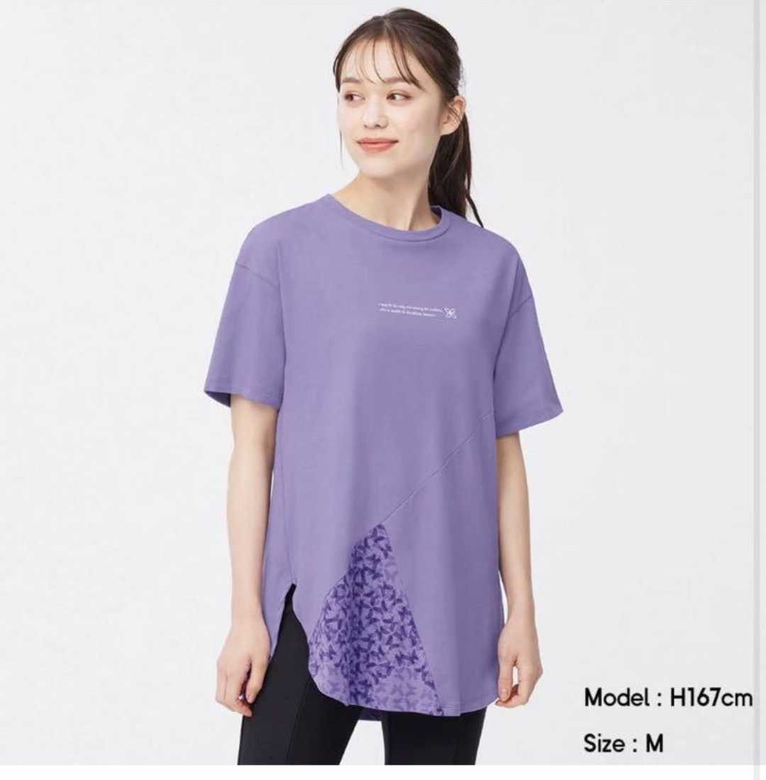 新品☆GU　ジーユー☆オーバーサイズコンビTシャツ（五分袖）　パープル　Mサイズ
