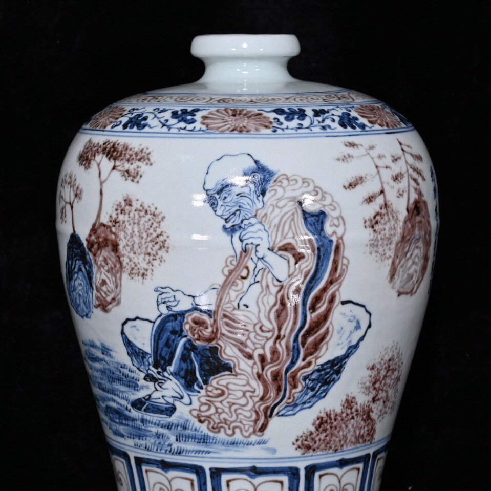 館蔵珍品 明 宣德年製款 古陶瓷品 青花釉里紅 羅漢紋 梅瓶置物 賞物