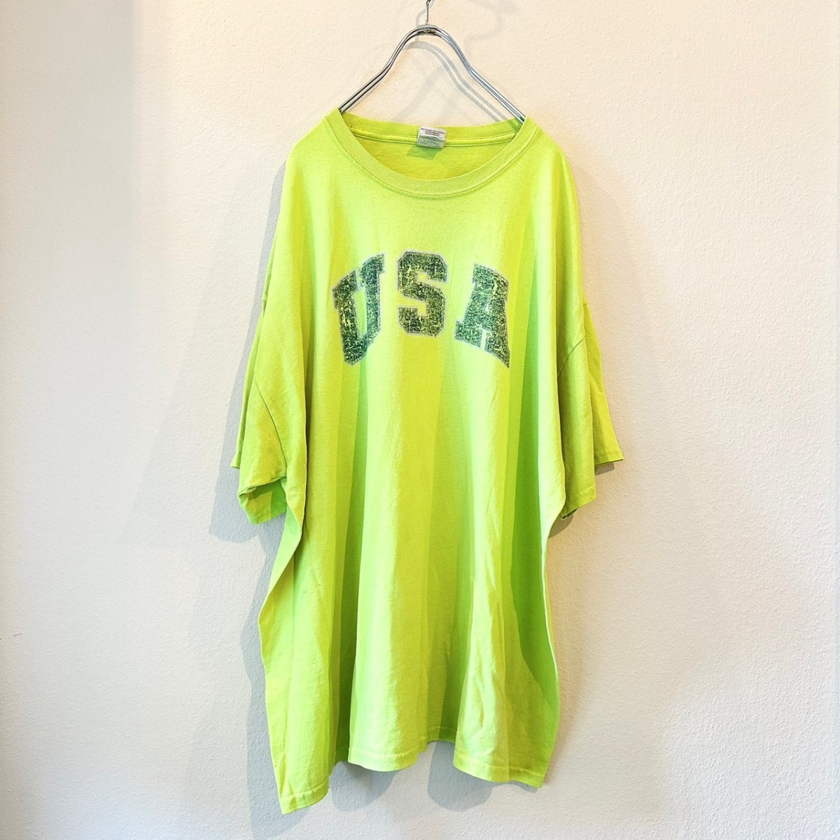 USA　半袖Tシャツ　フロントプリント　蛍光イエロー　ネオンカラー　/Y1641_画像2