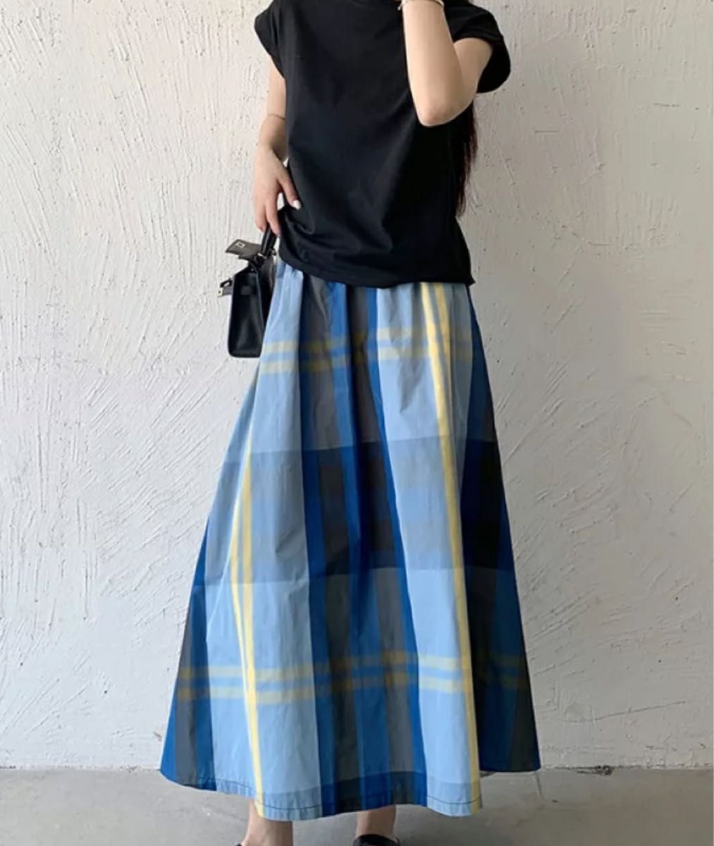 新品インポート!春夏ビッグチェックロングスカートM 大柄チェックロングスカートチェック柄スカートタフタ ブルー×イエロー着丈82