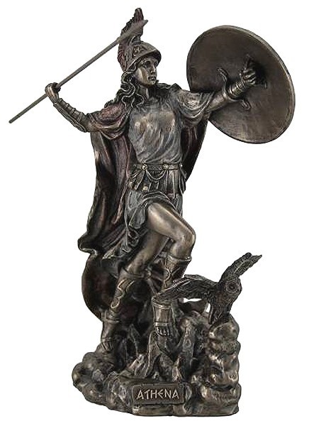 投げ槍を持ちフクロウを連れた古代ギリシャの女神(軍神)アテナ彫像