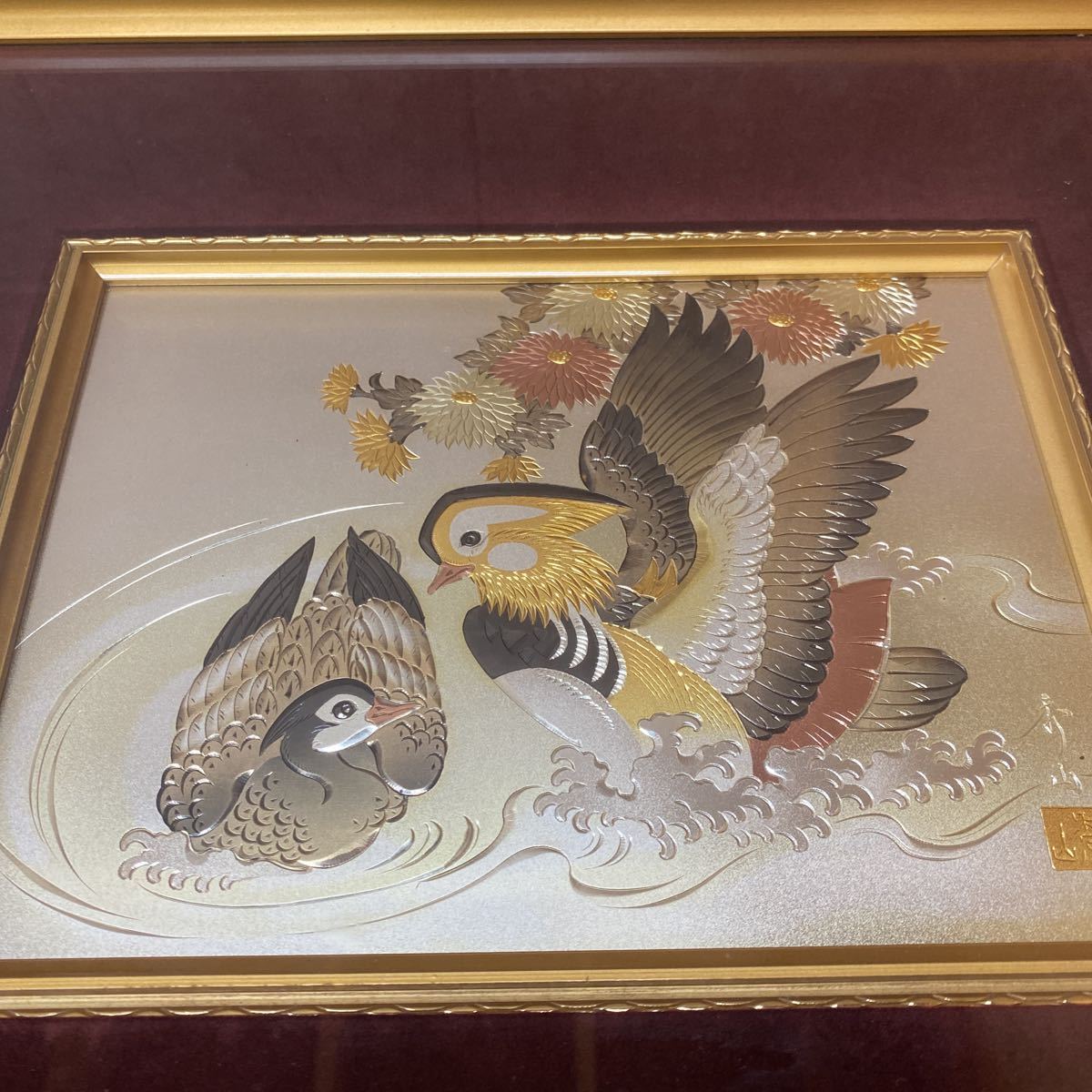 秀山謹言 彫金画 風景画 鳥 鴨 額縁 彫金 インテリア 飾り 壁飾り 鳥の絵 彫刻 漆塗り 額縁 飾り 約35×47cm room accessory_画像6