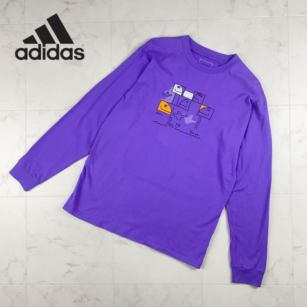 美品 adidas アディダス イラストプリント マーク・ゴンザレス クルーネック 長袖Tシャツ ロンT トップス メンズ 紫 パープル サイズL*DC62_画像1