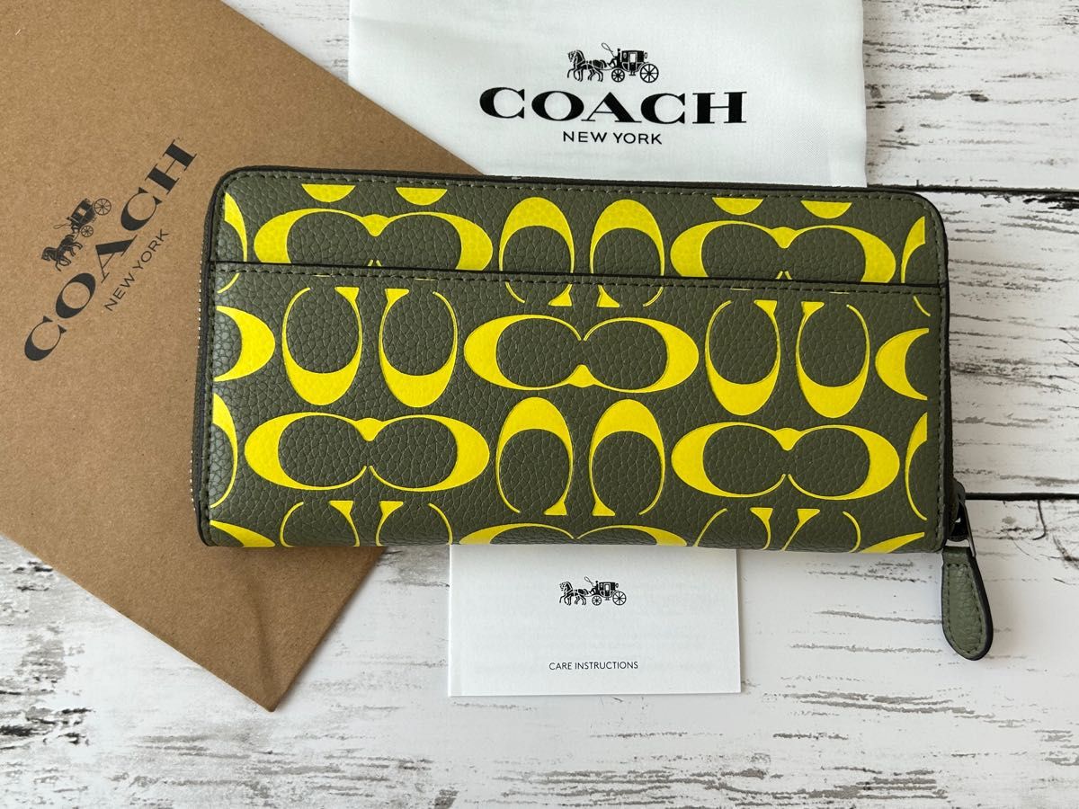 新品】COACH コーチ 長財布 シグネチャー モスグリーンイエロー-