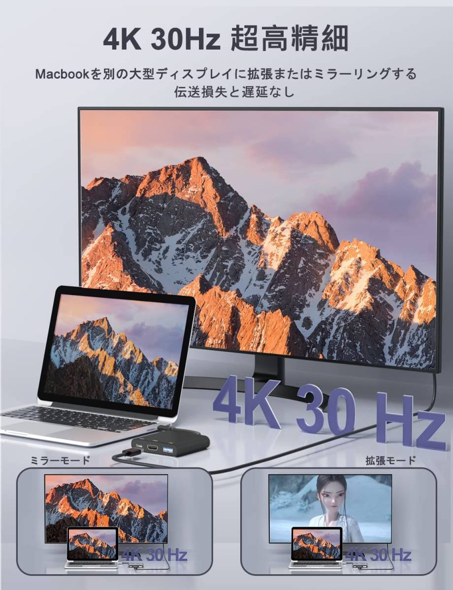 HDMI Type-cアダプター, DAPOKJD USB Type C HDMIデジタルAVマルチポート変換アダプター Type C HDMI 4K出力+USB3.0+USB-C PD 65W充電