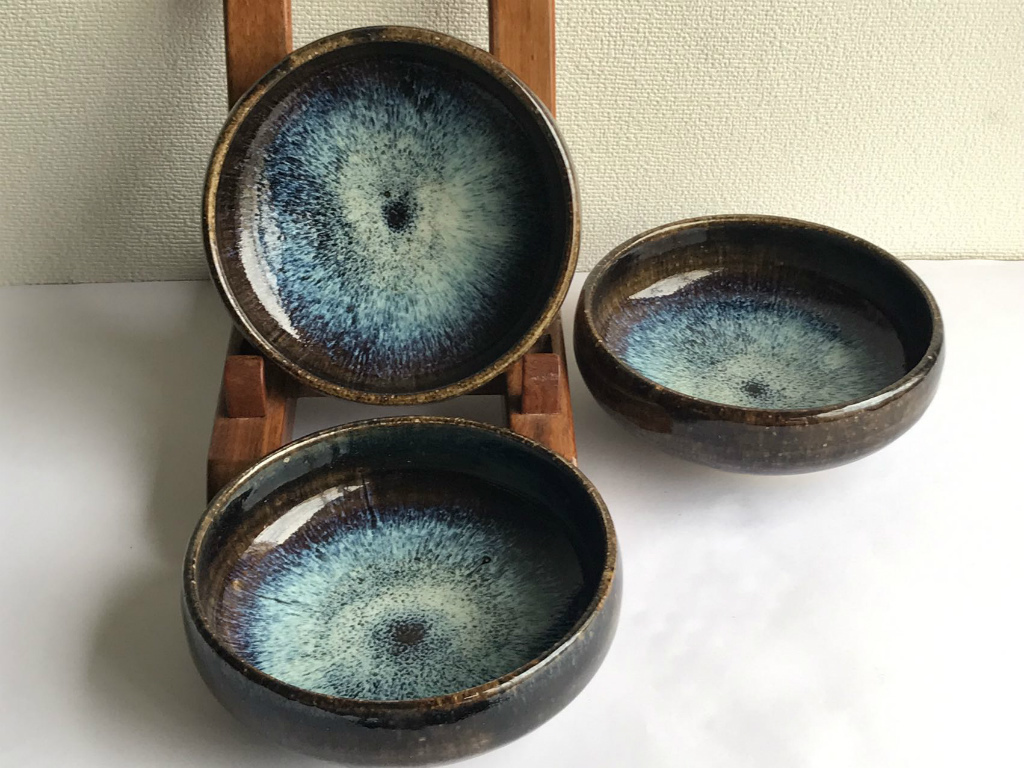 河井寛次郎 海鼠釉深皿 鉢 大胆な揮色 3客 収集家愛用品 (検)茶道 濱田