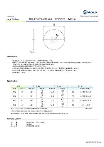 オノカツ 純国産SUS304 ステンレス 大ワッシャー M12用（1/2”用） 【外径40mm, 内径14mm,厚み3mm】8枚入_画像3