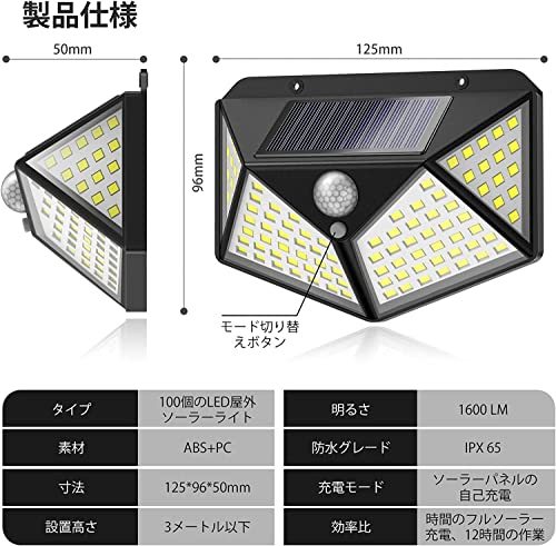 最新昇級版 Amxus センサーライト 屋外 センサーライト 100LED 6個 4面発光 3つ知能モード ソーラーライト屋外 防犯ライト 太陽光発電_画像6