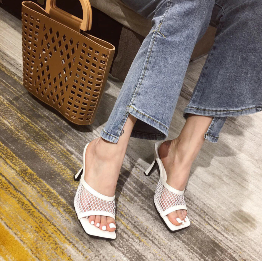 ∫INF∫ white sandals mesh mules high heel slippers sandals party shoes woman open tu bread pull pin heel S64