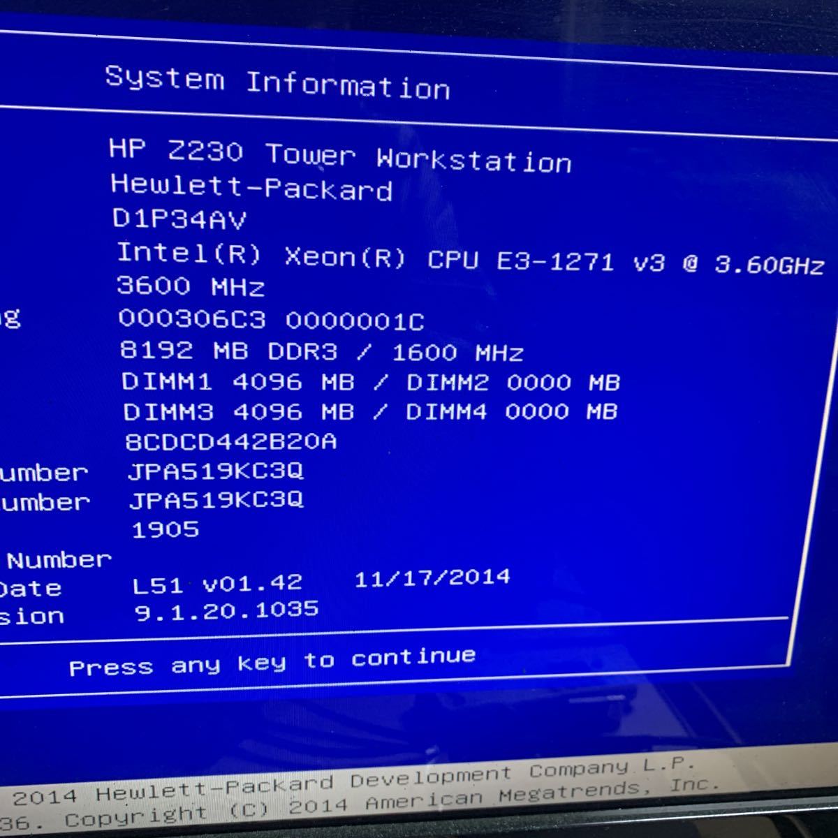 HP Z230 Workstation / Xeon E3-1271V3 3.60GHz / 16GB / HDD 無し / Quadro k420 / DVD/RW / OS無し / No.Q356 ジャンク_画像2